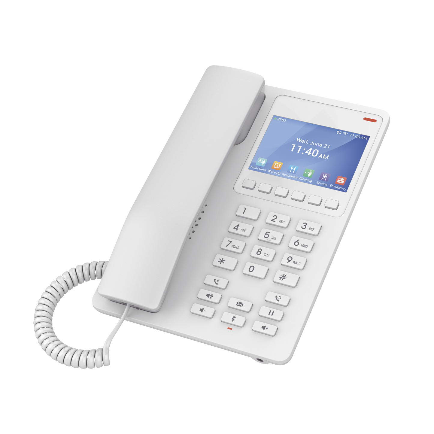 Teléfono IP Hotelero con pantalla LCD a color, 2 líneas SIP con 2 cuentas, codec Opus, IPV4/IPV6, color blanco, con gestión en la nube GDMS