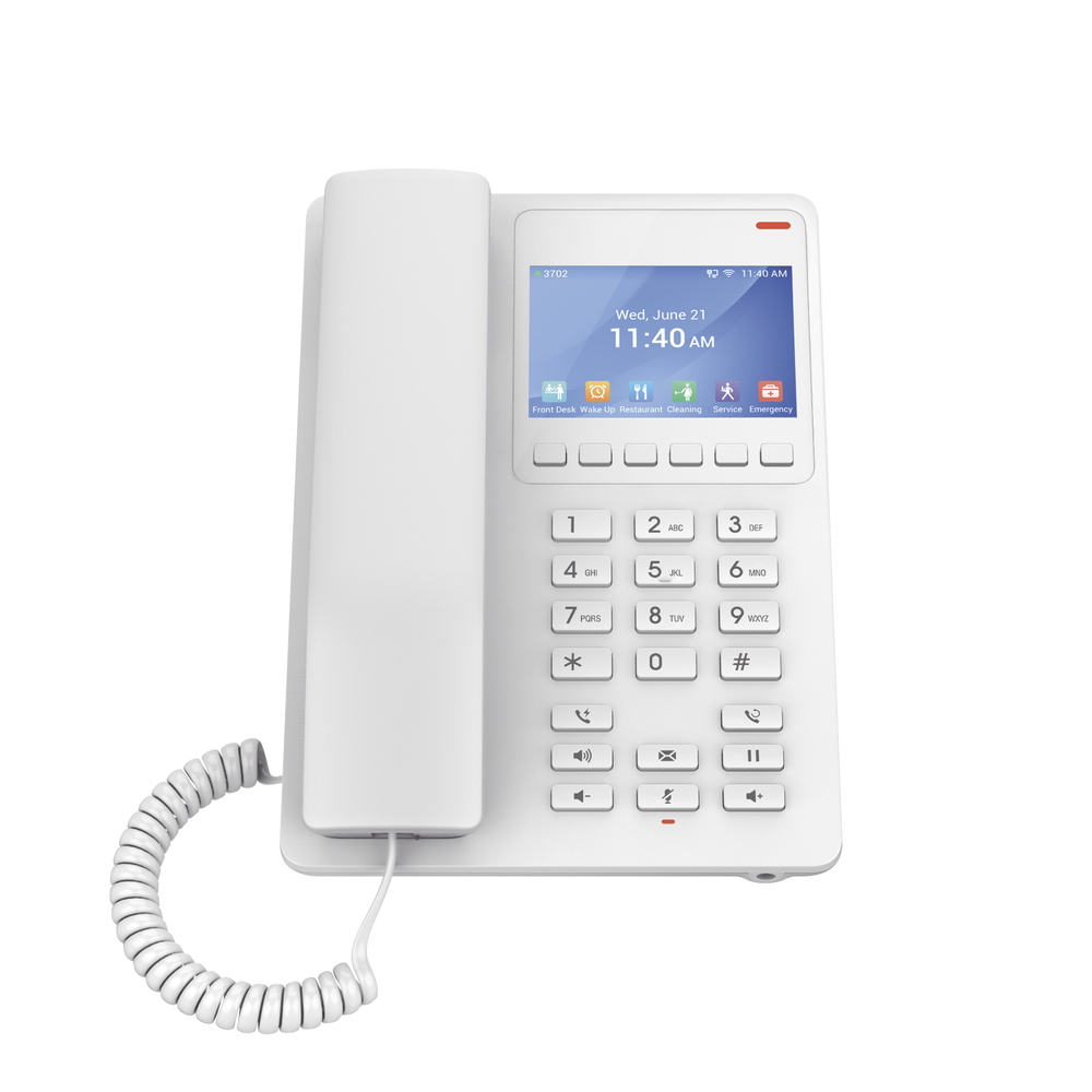 Teléfono IP WiFi Hotelero con pantalla LCD a color, 2 líneas SIP con 2 cuentas, codec Opus, IPV4/IPV6, color blanco, con gestión en la nube GDMS