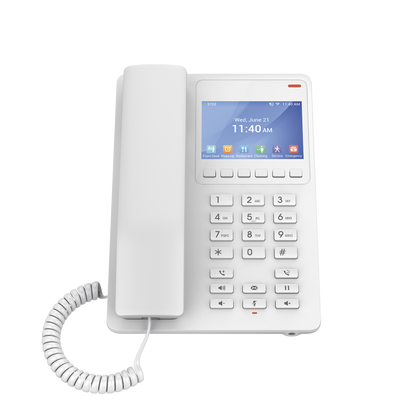 Teléfono IP WiFi Hotelero con pantalla LCD a color, 2 líneas SIP con 2 cuentas, codec Opus, IPV4/IPV6, color blanco, con gestión en la nube GDMS