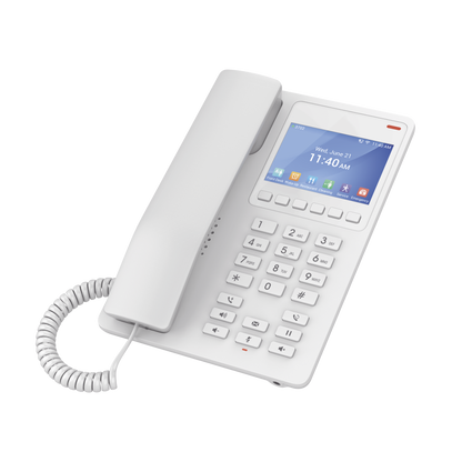 Teléfono IP WiFi Hotelero con pantalla LCD a color, 2 líneas SIP con 2 cuentas, codec Opus, IPV4/IPV6, color blanco, con gestión en la nube GDMS