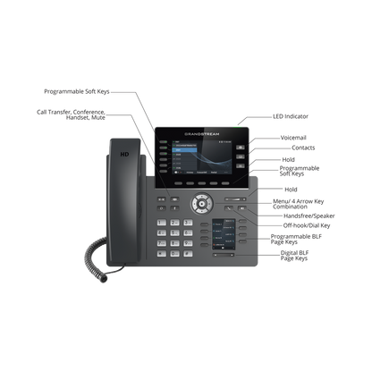 Teléfono IP Wi-Fi, Grado Operador, 6 líneas SIP con 6 cuentas, pantalla a color 4.3", puertos Gigabit, Bluetooth, PoE, codec Opus, IPV4/IPV6 con gestión en la nube GDMS
