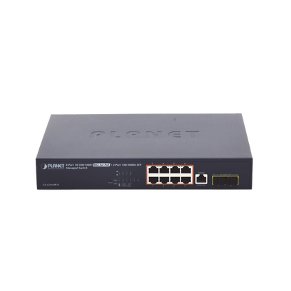 Switch Administrable Capa 2, 8 Puertos PoE 802.3af/at Gigabit, 140 W Max, 2 Puertos SFP, Modo Extendido Hasta 250 m, Soporta Administración en Nube CloudNMS ( HW Rev. 3.0 en Adelante).