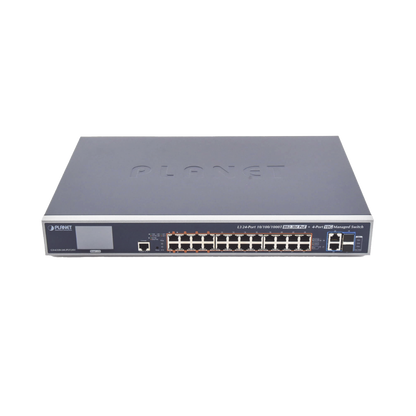 Switch Administrable L3, 24 puertos Gigabit PoE 802.3bt, 2 puertos 10G SFP+, Pantalla Tactil, Fuente Redundante, (600W)