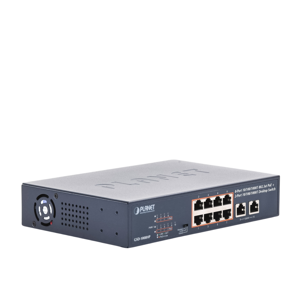 Switch de Escritorio No Administrable / 8 Puertos 10/100/1000T PoE+ 802.3at / 2 Puertos Uplink 10/100/1000T / Presupuesto PoE 120 Watts / Modos Estándar, VLAN y Extend / Distancia Extendida 250 mts / Rackeable