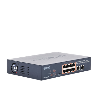 Switch de Escritorio No Administrable / 8 Puertos 10/100/1000T PoE+ 802.3at / 2 Puertos Uplink 10/100/1000T / Presupuesto PoE 120 Watts / Modos Estándar, VLAN y Extend / Distancia Extendida 250 mts / Rackeable