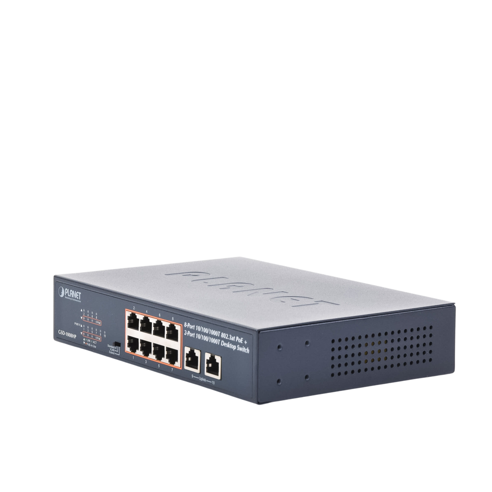 Switch de Escritorio No Administrable / 8 Puertos 10/100/1000T PoE+ 802.3at / 2 Puertos Uplink 10/100/1000T / Presupuesto PoE 120 Watts / Modos Estándar, VLAN y Extend / Distancia Extendida 250 mts / Rackeable