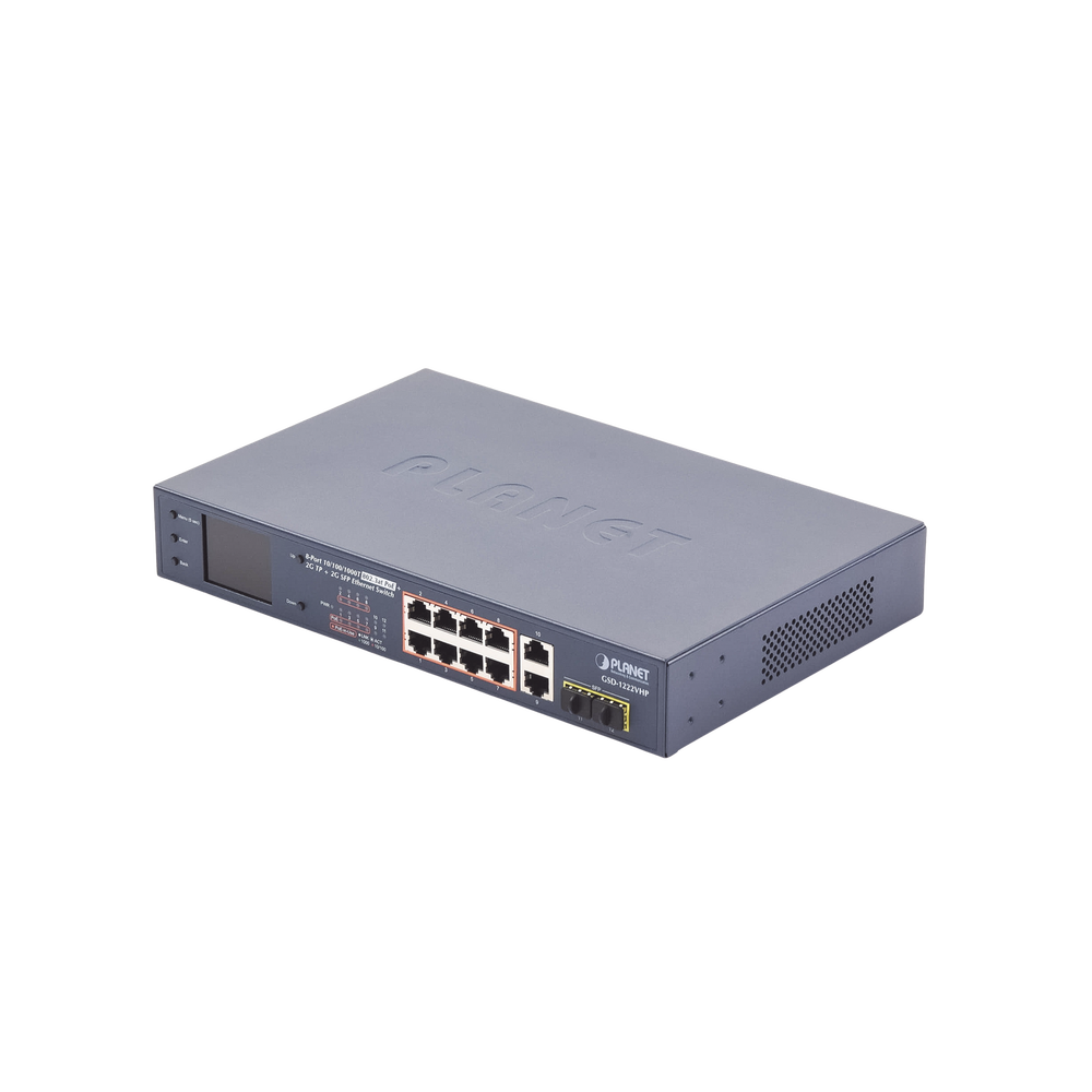 Switch No Administrable 8 Puertos Gigabit con Modo Extender a 250 m,  2 Puertos Uplink 10/100/1000 Mbps, 2 Puertos SFP