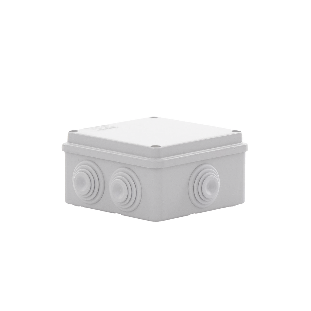 Caja Estanca de PVC Para Derivación y Conexión, 6 Entradas, Tapa Atornillada,100x100x50 mm (Área Interna), Uso Exterior IP55, Material que no Propaga el Fuego y Libre de Hálogenos