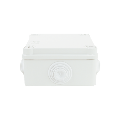 Caja Estanca de PVC Para Derivación y Conexión, 6 Entradas, Tapa con Tornillo de 1/4" de Vuelta, 100x100x50 mm (Área Interna), Uso Exterior IP55, Material que no Propaga el Fuego y Libre de Hálogenos