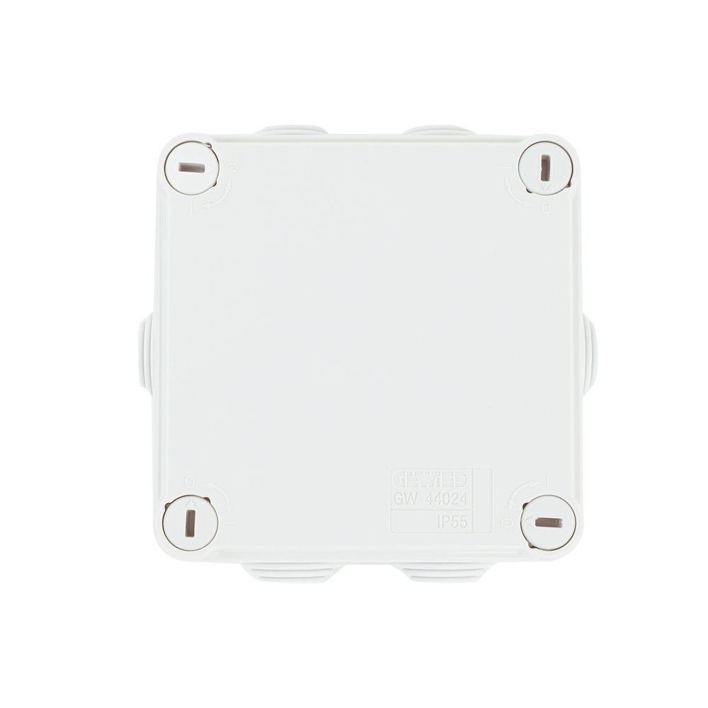 Caja Estanca de PVC Para Derivación y Conexión, 6 Entradas, Tapa con Tornillo de 1/4" de Vuelta, 100x100x50 mm (Área Interna), Uso Exterior IP55, Material que no Propaga el Fuego y Libre de Hálogenos