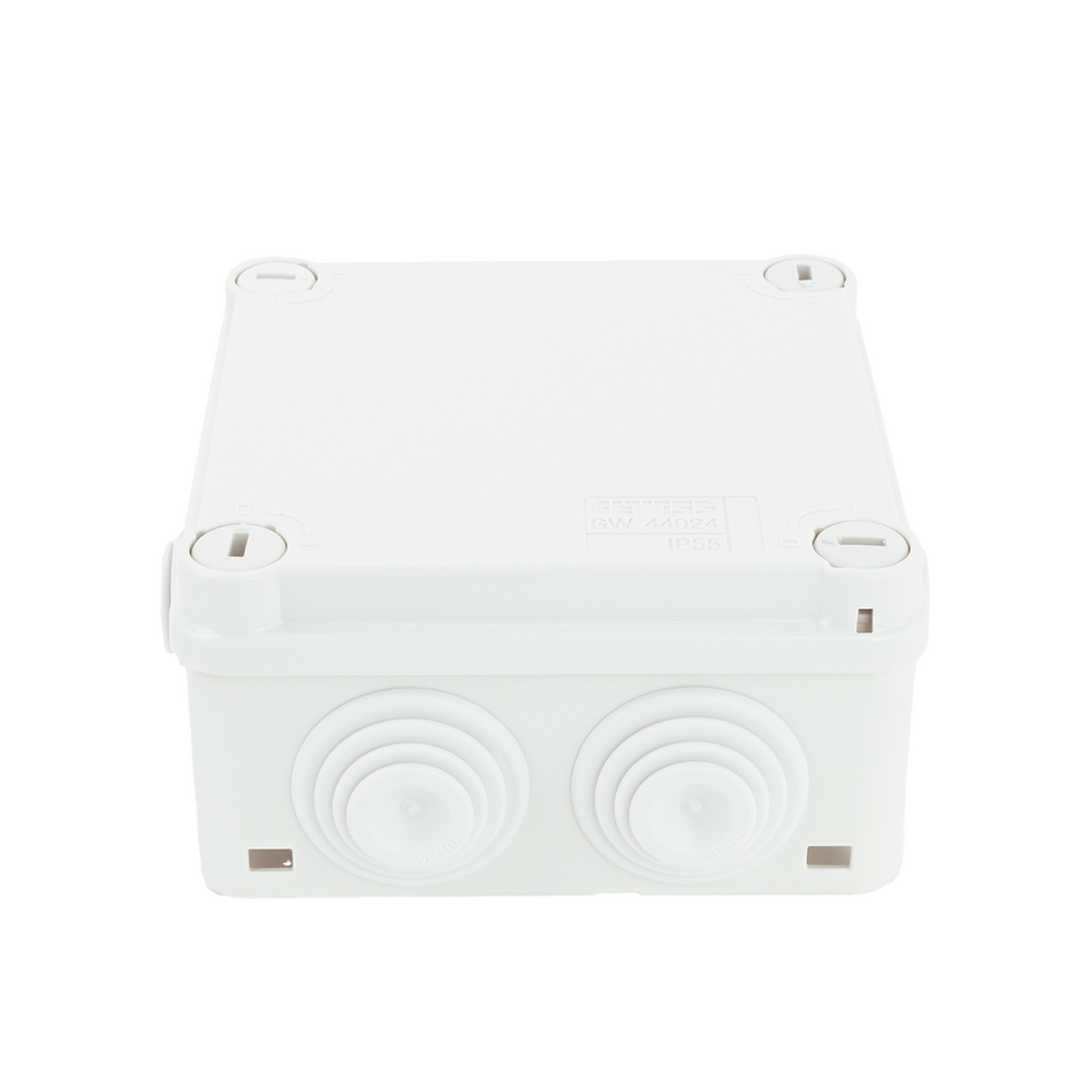 Caja Estanca de PVC Para Derivación y Conexión, 6 Entradas, Tapa con Tornillo de 1/4" de Vuelta, 100x100x50 mm (Área Interna), Uso Exterior IP55, Material que no Propaga el Fuego y Libre de Hálogenos