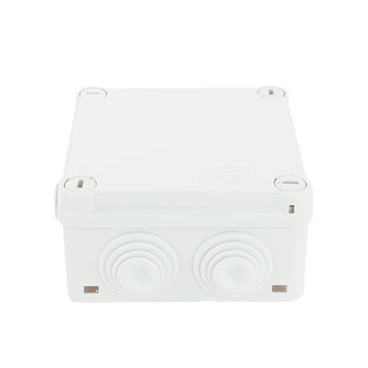 Caja Estanca de PVC Para Derivación y Conexión, 6 Entradas, Tapa con Tornillo de 1/4" de Vuelta, 100x100x50 mm (Área Interna), Uso Exterior IP55, Material que no Propaga el Fuego y Libre de Hálogenos