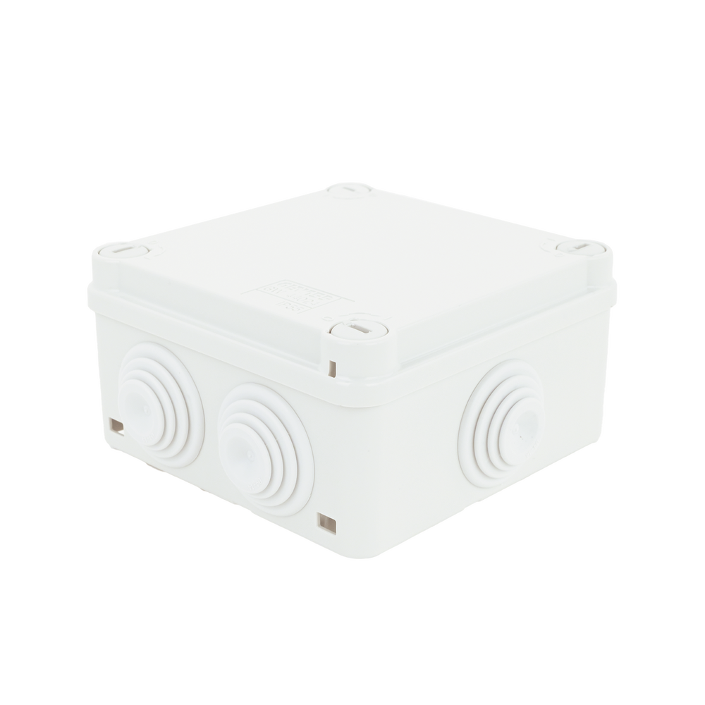 Caja Estanca de PVC Para Derivación y Conexión, 6 Entradas, Tapa con Tornillo de 1/4" de Vuelta, 100x100x50 mm (Área Interna), Uso Exterior IP55, Material que no Propaga el Fuego y Libre de Hálogenos