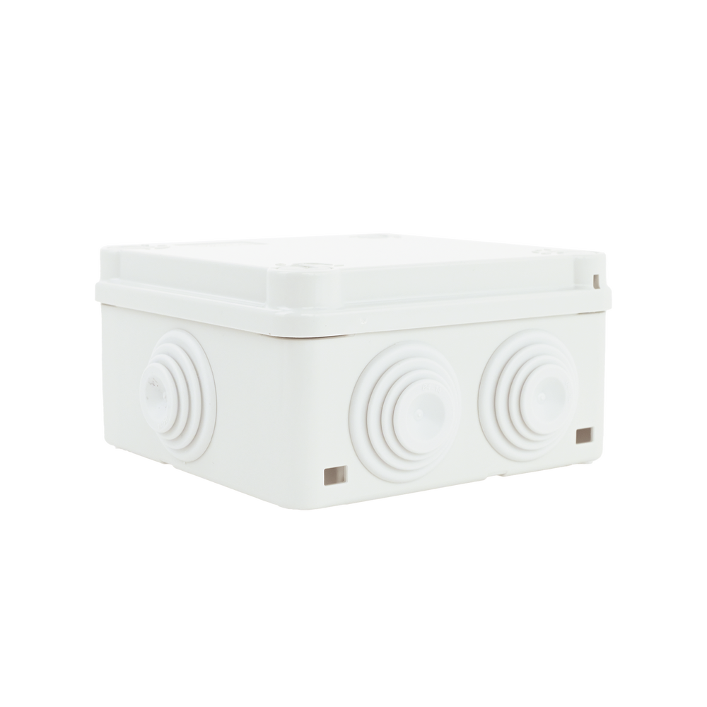 Caja Estanca de PVC Para Derivación y Conexión, 6 Entradas, Tapa con Tornillo de 1/4" de Vuelta, 100x100x50 mm (Área Interna), Uso Exterior IP55, Material que no Propaga el Fuego y Libre de Hálogenos