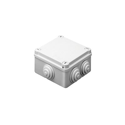 Caja Estanca de PVC Para Derivación y Conexión, 6 Entradas, Tapa con Tornillo de 1/4" de Vuelta, 100x100x50 mm (Área Interna), Uso Exterior IP55, Material que no Propaga el Fuego y Libre de Hálogenos