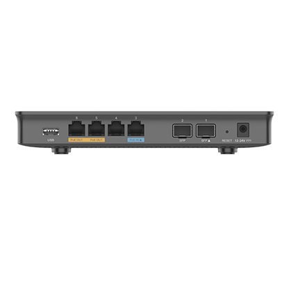 Router Gigabit VPN / Balanceador de cargas / 30,000 sesiones NAT /  4 puertos 10/100/1000 Mbps + 2 puertos SFP (WAN/LAN) / 1 puerto entrada PoE(af/at) / 2 puertos salida PoE (af/at) / Compatible con GWN Cloud.