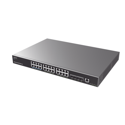 Switch Capa 3 PoE+ Administrable / 24 puertos 10/100/1000 Mbps + 4 Puertos SFP+ de 10 Gigabits / Hasta 360W / Compatible con GWN Cloud.