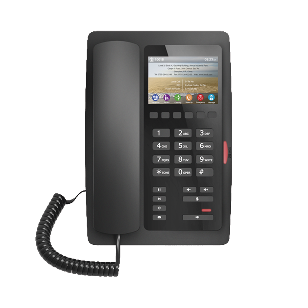 Teléfono IP Hotelero / Pantalla LCD Color 3.5" / 2 Líneas SIP / 6 Teclas Programables Hotline / Puerto USB Carga / PoE 802.3af / Personalizable con Logo Hotel