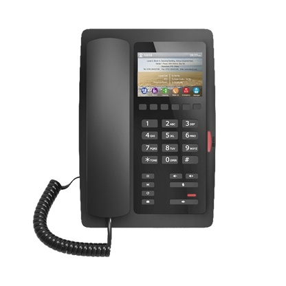 Teléfono IP Hotelero / Pantalla LCD Color 3.5" / 2 Líneas SIP / 6 Teclas Programables Hotline / Puerto USB Carga / PoE 802.3af / Personalizable con Logo Hotel