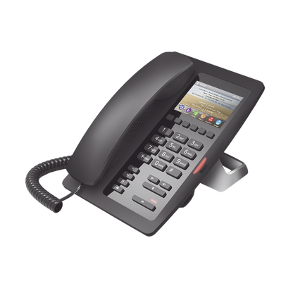 Teléfono IP Hotelero / Pantalla LCD Color 3.5" / 2 Líneas SIP / 6 Teclas Programables Hotline / Puerto USB Carga / PoE 802.3af / Personalizable con Logo Hotel