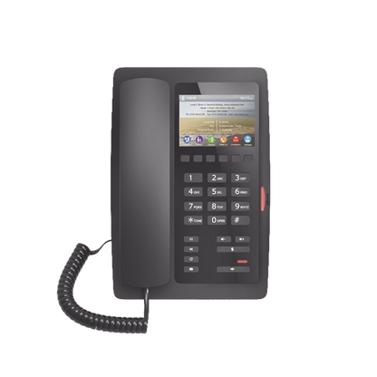 Teléfono IP Hotelero / Pantalla LCD Color 3.5" / 2 Líneas SIP / 6 Teclas Programables Hotline / Puerto USB Carga / PoE 802.3af / Personalizable con Logo Hotel