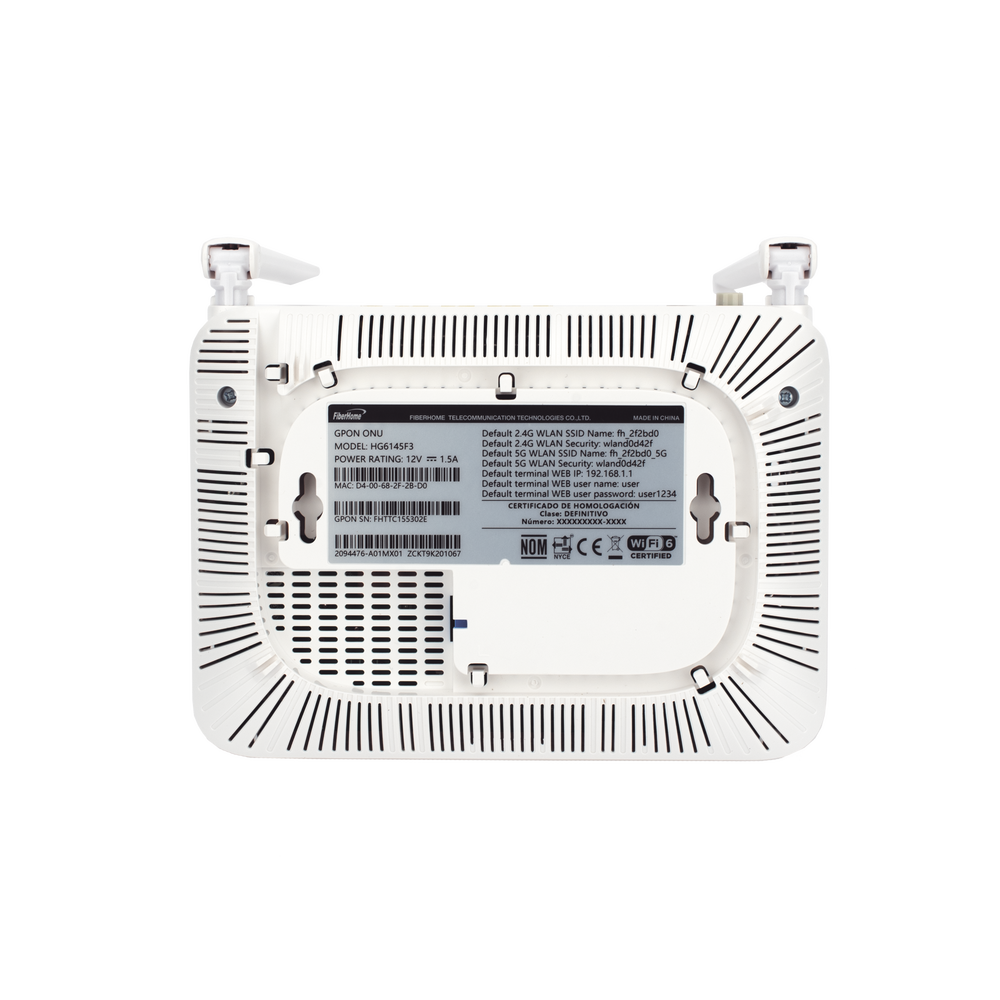ONU GPON WiFi 6, (2.4/5 GHz), 2 Antenas de 5 dBi, Compatible con OLT de Terceros, 4 puertos Gigabit + 1 POTS + 2 USB, conector SC/UPC