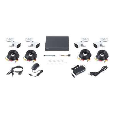 KIT TurboHD 1080p / DVR 4 canales / 4 Cámaras Bala de Metal / H.265+ / 1 Fuente de Poder Profesional / Accesorios de Instalación