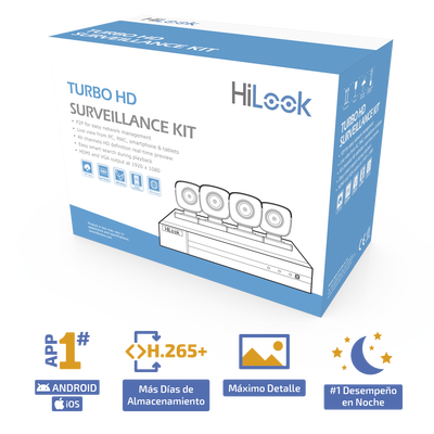 KIT TurboHD 1080p / DVR 4 canales / 4 Cámaras Bala de Metal / H.265+ / 1 Fuente de Poder Profesional / Accesorios de Instalación