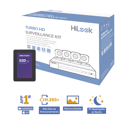 KIT TurboHD 1080p + SSD de 500 GB / DVR 4 canales / 4 Cámaras Bala de Metal / Fuente de Poder / Accesorios de Instalación