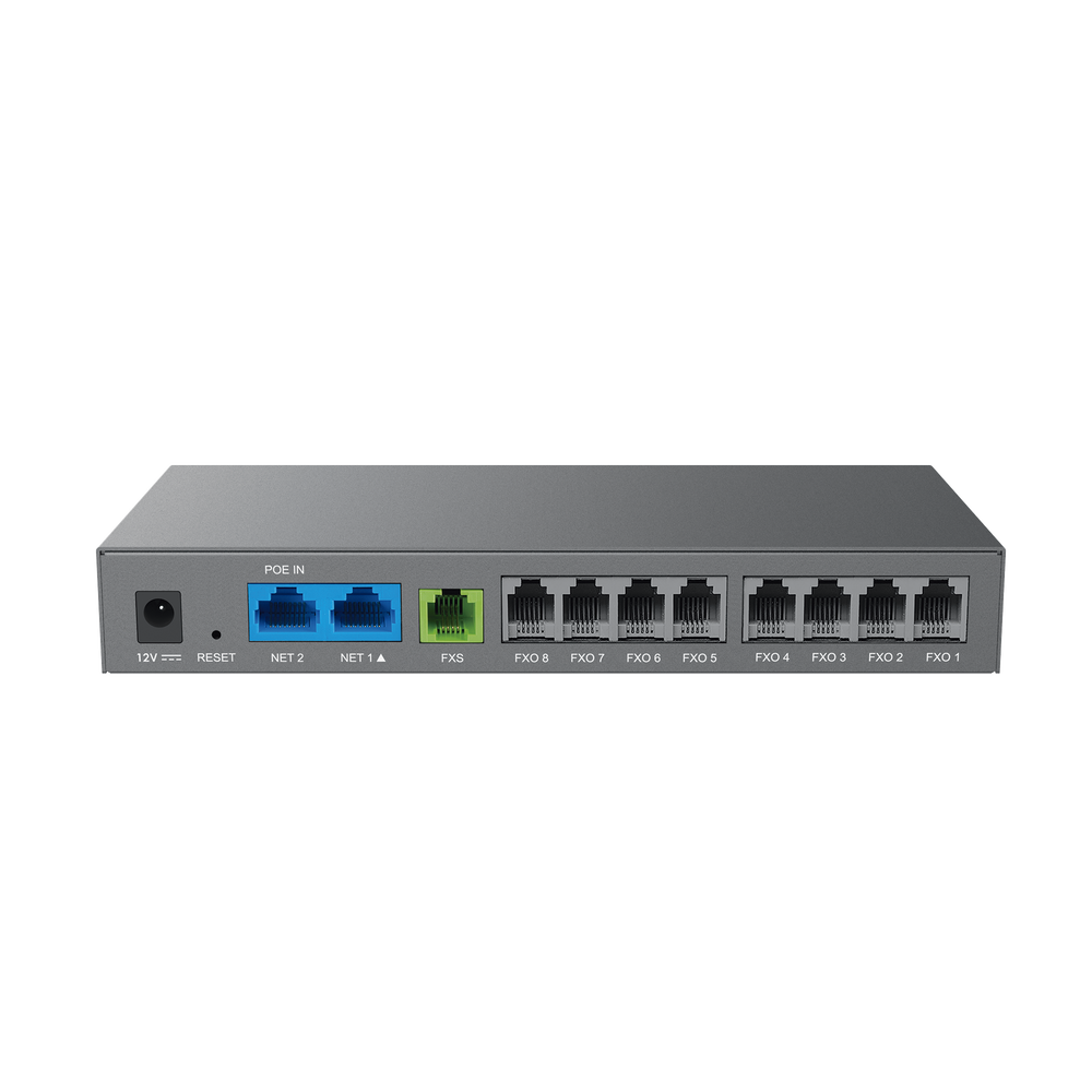 Gateway Analógico 8 FXO  (Conectar Lineas Analógicas) / 3 Perfiles SIP / 1 Puerto FXS / NAT de Alto Rendimiento / Soporte Lifeline / Fax T.38 / Cifrado AES / Failover SIP / Conferencia de Voz 3 Vías