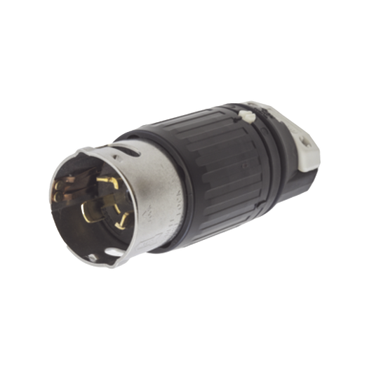 Enchufe Macho con Bloqueo de Media Vuelta Trifásico / 50 A 250 VCA 3 Fases / 3 Polos 4 Hilos / Grado Industrial / Color Negro y Blanco.