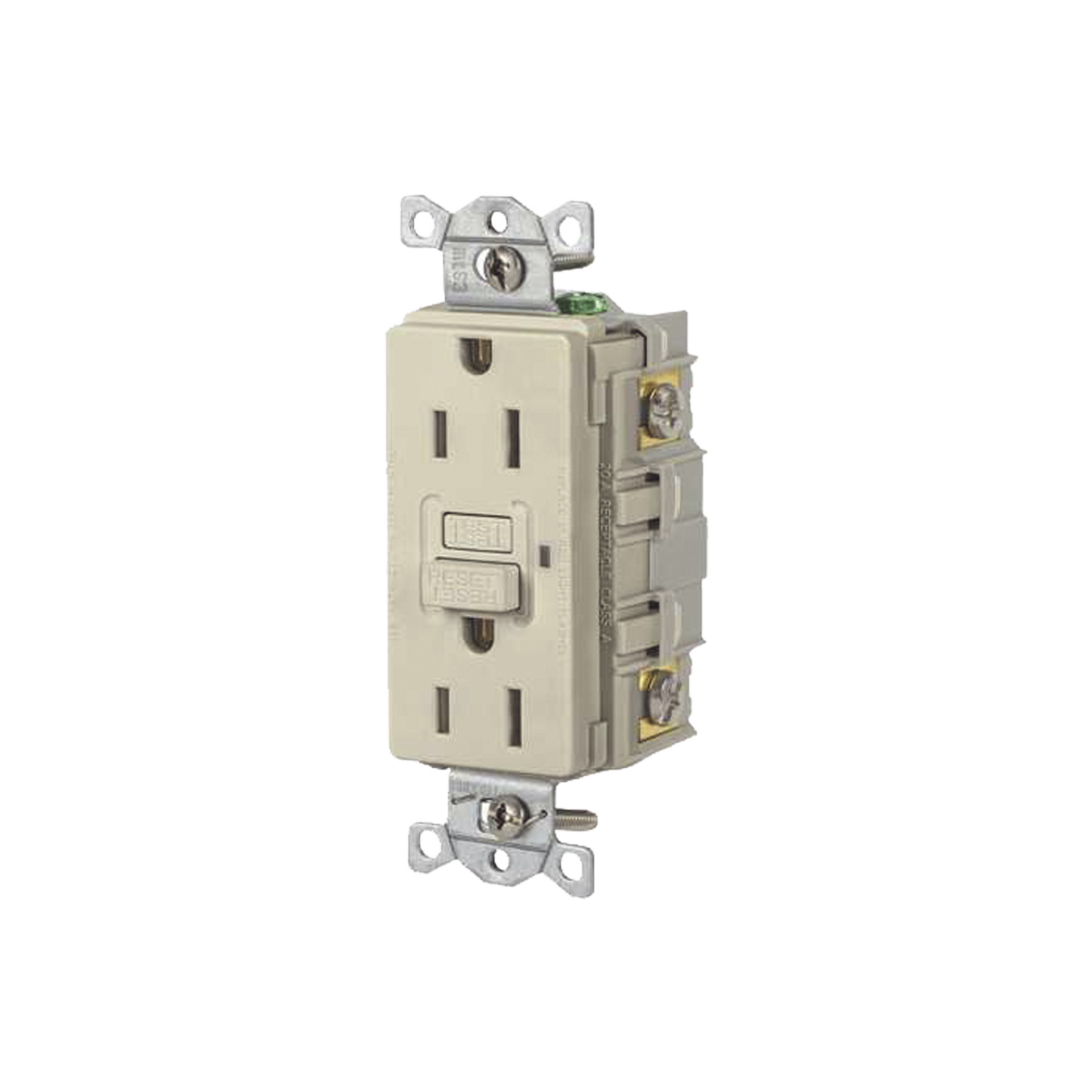 Contacto de Auto-verificación GFCI con Interruptor de Falla a Tierra de 15 A 125 V 2 Polos/ Color Marfil / Nema 5-15R / Grado Industrial Comercial.