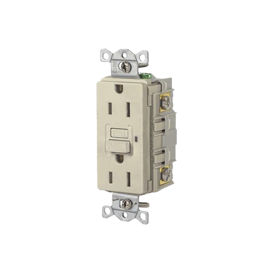 Contacto de Auto-verificación GFCI con Interruptor de Falla a Tierra de 15 A 125 V 2 Polos/ Color Marfil / Nema 5-15R / Grado Industrial Comercial.