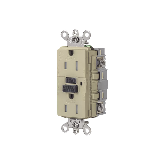 Contacto de Auto-verificación GFCI de 15 A 125 V 2 Polos/  Resistente a Manipulaciones y Intemperie / Color Marfil / Nema 5-15R / Grado Industrial.