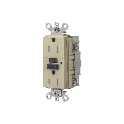 Contacto de Auto-verificación GFCI de 15 A 125 V 2 Polos/  Resistente a Manipulaciones y Intemperie / Color Marfil / Nema 5-15R / Grado Industrial.