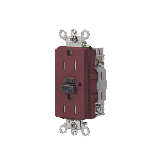 Contacto de Auto-verificación GFCI de 15 A 125 V 2 Polos/  Resistente a Manipulaciones y Intemperie / Color Rojo / Nema 5-15R / Grado Industrial.