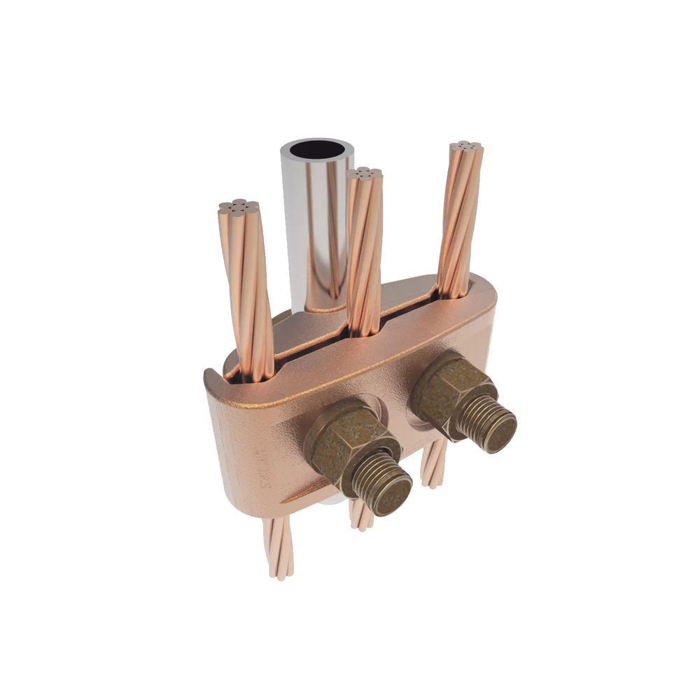 Conector Mecánico para 3 Cables para Calibre  4 AWG  - 2/0 AWG  a Tubería de 3/8" o Varilla 5/8" - 3/4" Perno 3/8".