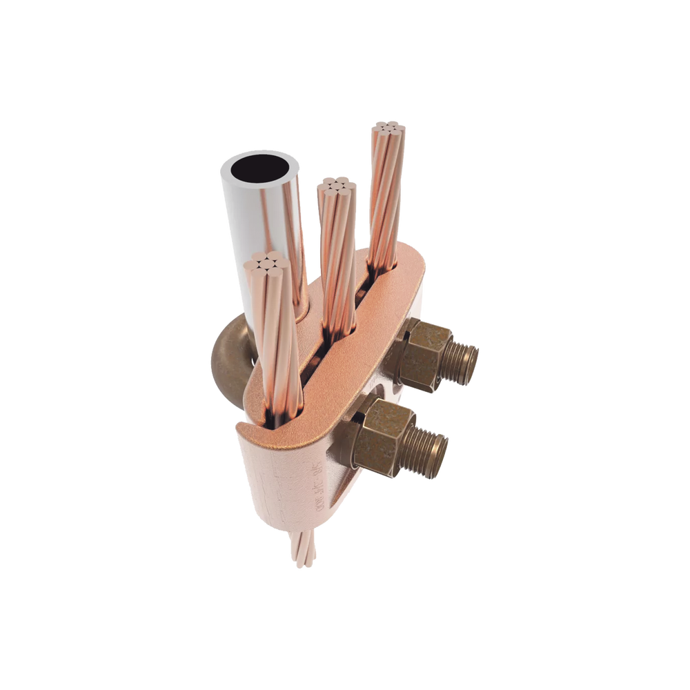Conector Mecánico para 3 Cables para Calibre 2/0 AWG - 250 KCMIL a Tubería de 3/8"  o  Varilla 5/8" - 3/4".