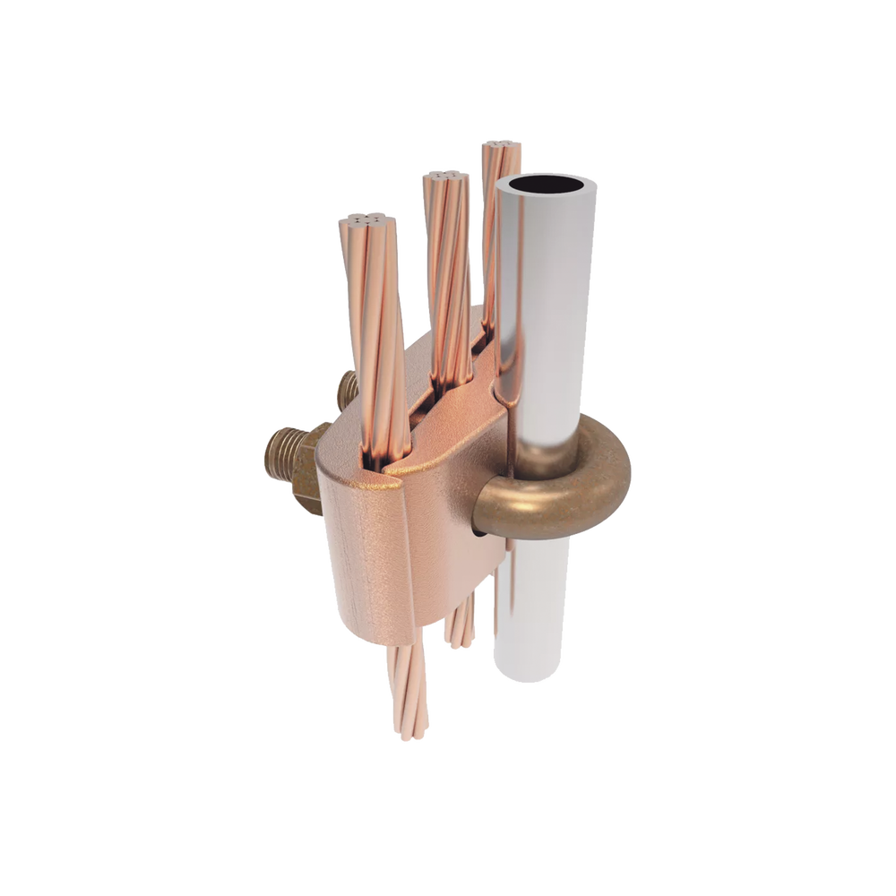Conector Mecánico para 3 Cables para Calibre 2/0 AWG - 250 KCMIL a Tubería de 3/8"  o  Varilla 5/8" - 3/4".