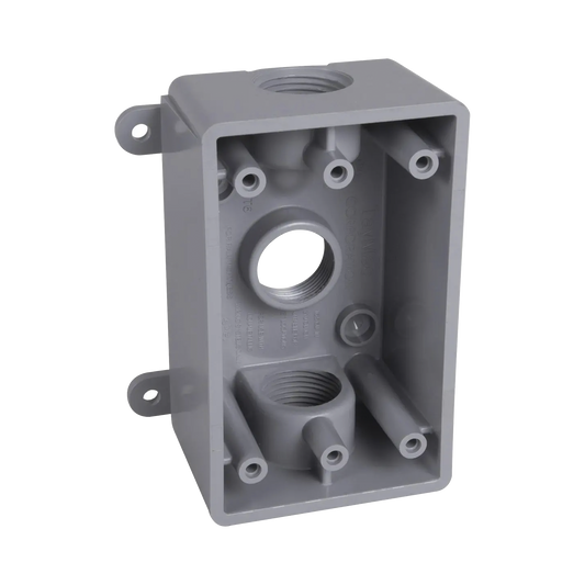 Caja Impermeable de 1 Gang / Profundidad de 2 Pulgadas (5.08 cm) / Cuenta con 3 Salidas Roscadas para Tubería de 1/2 Ó 3/4 / Color Gris