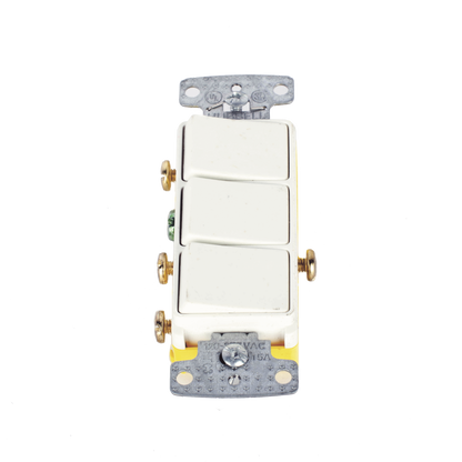 Interruptor Residencial 15 A 120 V, con 3 Bases Unipolares, Cableado lateral, Color Blanco.