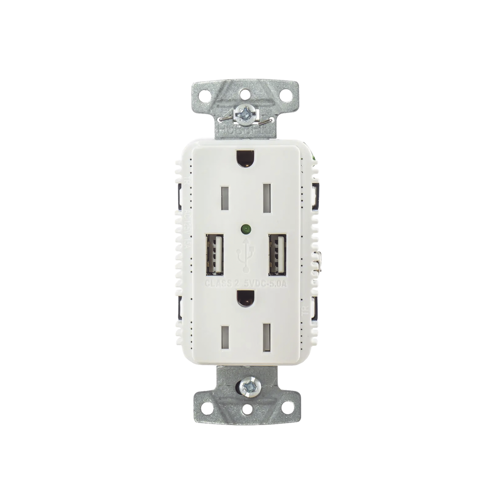 Contacto Dúplex con 2 Puertos USB, 15A 125V, 2 Polos, 3 Hilos, Color Blanco.