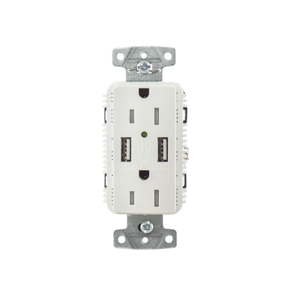 Contacto Dúplex con 2 Puertos USB, 15A 125V, 2 Polos, 3 Hilos, Color Blanco.