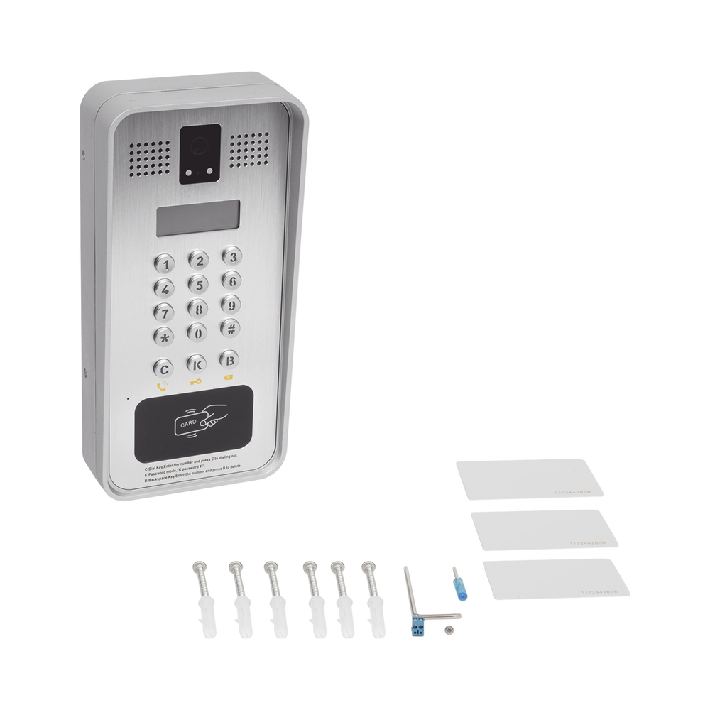 Video portero IP/SIP Con Cámara y pantalla LCD, 2 Relevadores Integrados (entrada y salida), Onvif y lector de tarjetas RFID, puerto WIEGAND (entrada).