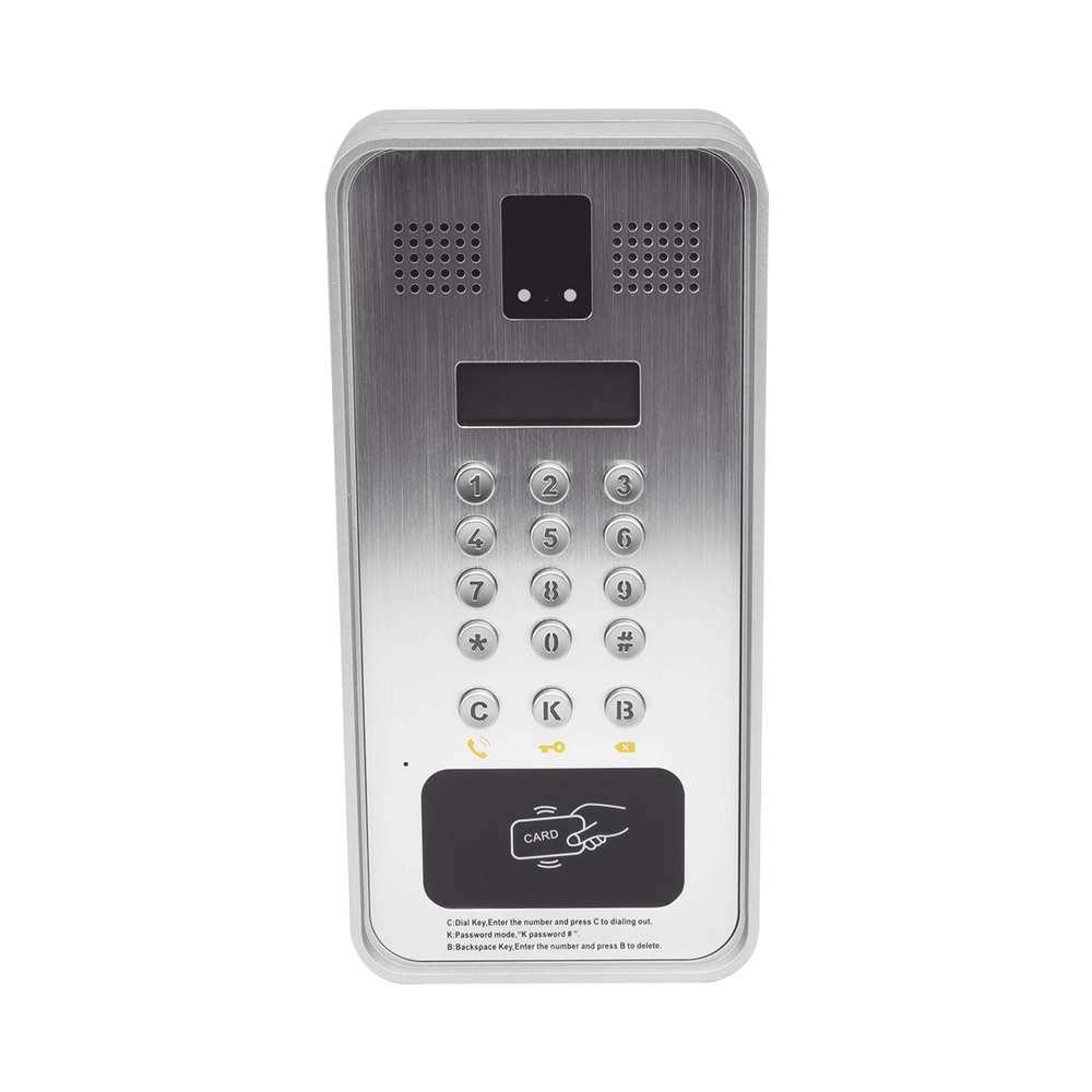 Video portero IP/SIP Con Cámara y pantalla LCD, 2 Relevadores Integrados (entrada y salida), Onvif y lector de tarjetas RFID, puerto WIEGAND (entrada).