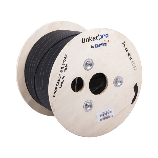 Carrete de 1 km de Fibra Óptica Drop, Interior/Exterior G.657A2 Monomodo de 2 Hilos (Bifibra), Diseñada para Fusionarse, Dieléctrica, Forro Negro, (No Soporta Conectores Mecánicos)