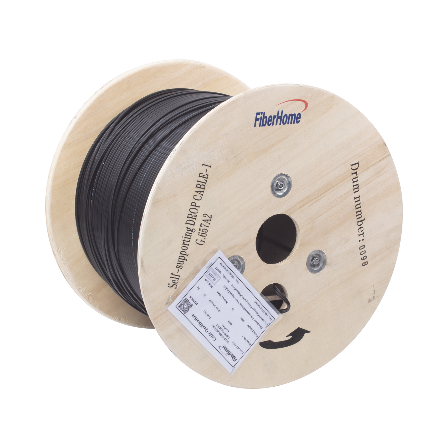 Carrete de 1 km de Fibra Óptica Aérea Mini Figura 8 G.657A2 Tipo Drop, Monomodo de 1 Hilo (Unifibra), Color Negro, Span 80