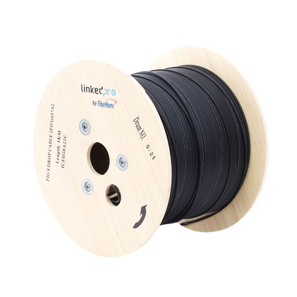 Carrete de 1 km de Fibra Óptica Aérea Mini Figura 8 G.657A2 Tipo Drop, Monomodo de 2 Hilos (Bifibra), Diseñada para Fusionarse, Color Negro, Span 80, (No Soporta Conectores Mecánicos)