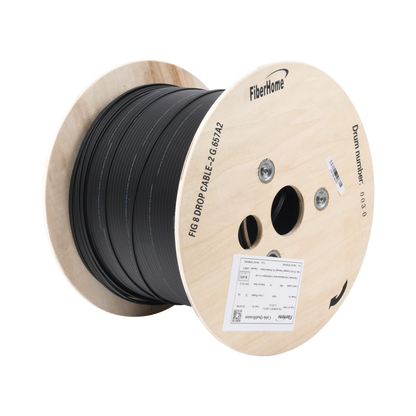 Carrete de 1 km de Fibra Óptica Aérea Mini Figura 8 G.657A2 Tipo Drop, Monomodo de 2 Hilos (Bifibra), Diseñada para Fusionarse, Color Negro, Span 80, (No Soporta Conectores Mecánicos)