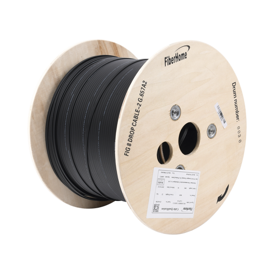 Carrete de 1 km de Fibra Óptica Aérea Mini Figura 8 G.657A2 Tipo Drop, Monomodo de 2 Hilos (Bifibra), Diseñada para Fusionarse, Color Negro, Span 80, (No Soporta Conectores Mecánicos)